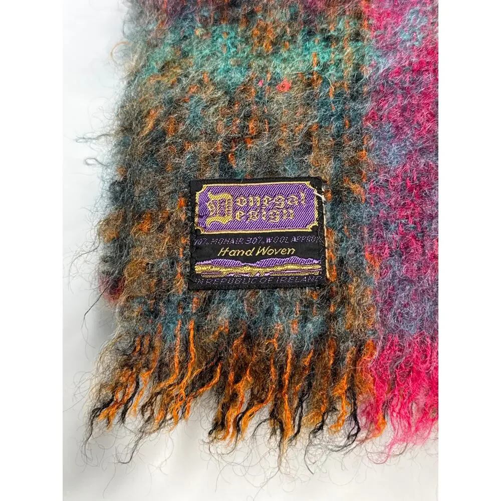 1980s Donegal Design Hand Woven Mohair Wool Plaid Scarf Ireland 60x70